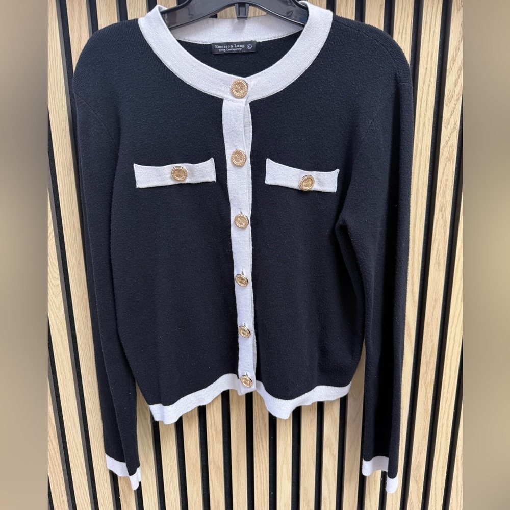 Emerson Lang Black & White Button Cardigan Sweater